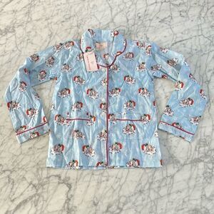 SMOCKING BIRD Vintage Santa Blue Button Down Kid’s Pajama Top NWT Sz 10